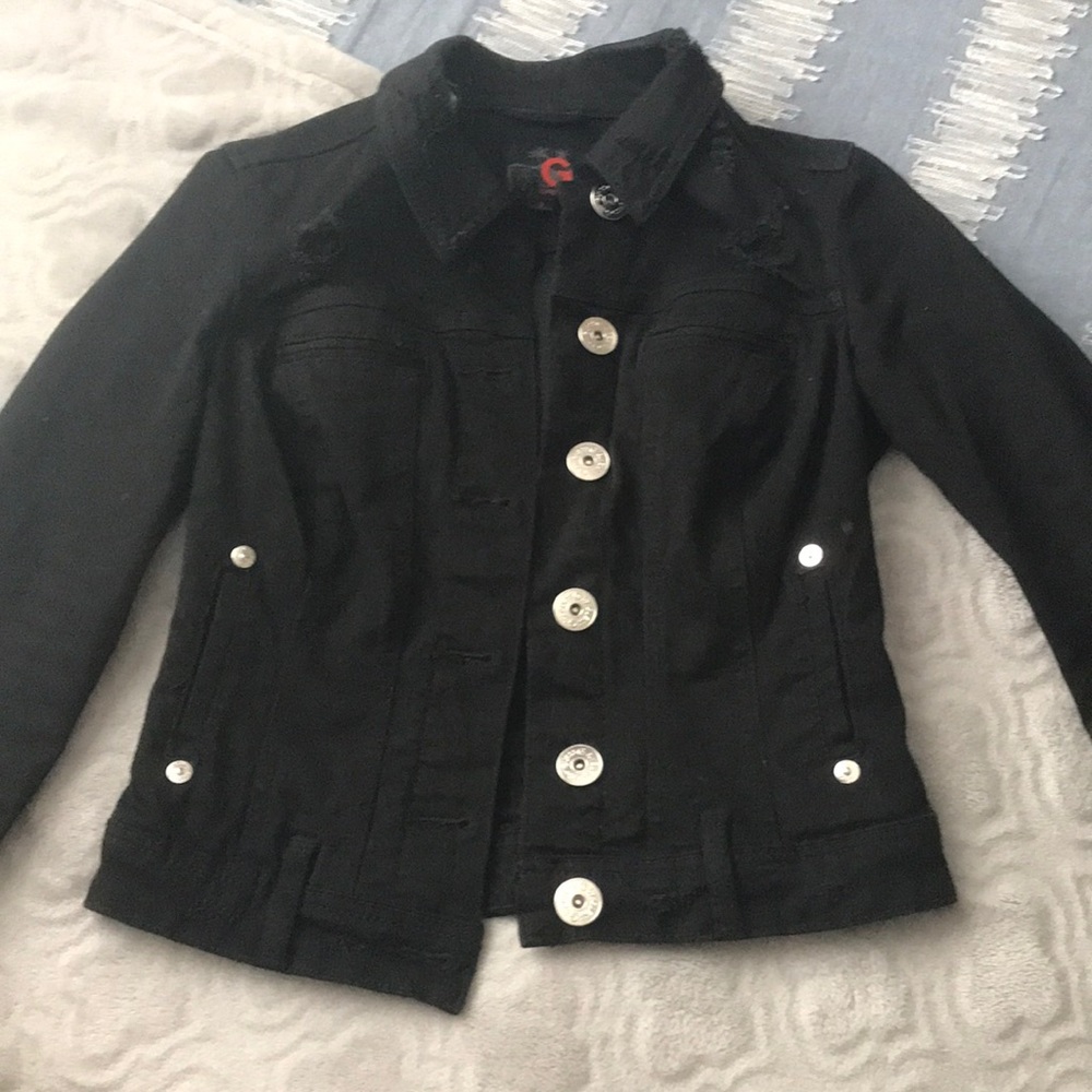 Distressed black denim jacket